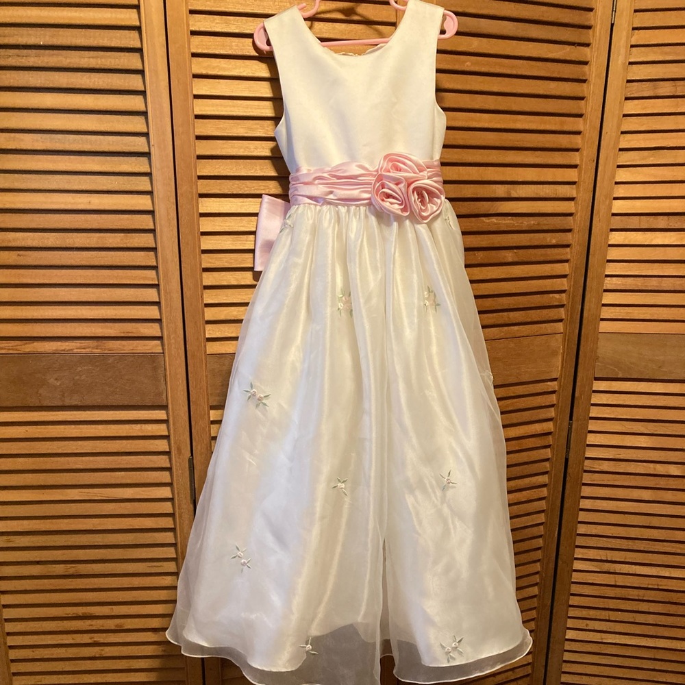 Little Maiden White Formal Gown w/Embroidered Flowers